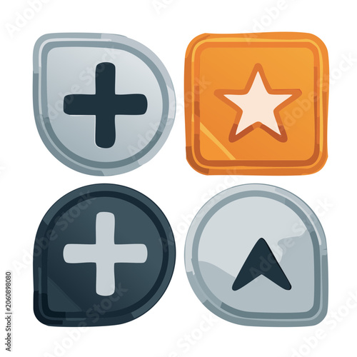Flat design button icons with plus, star, and arrow symbols