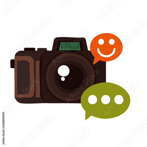Flat design camera with speech bubbles and smiley face