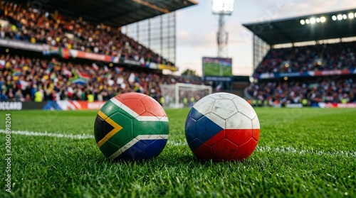Two Soccer Balls with South Africa and Czech Republic Flags on Stadium Grass Field Before a Match