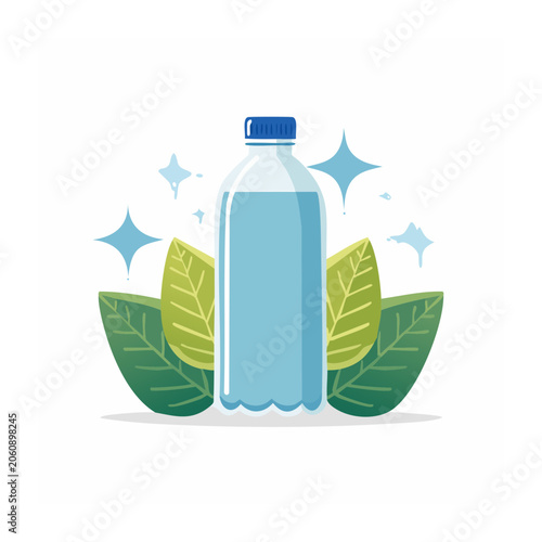 Flat design water bottle with green leaves and sparkles