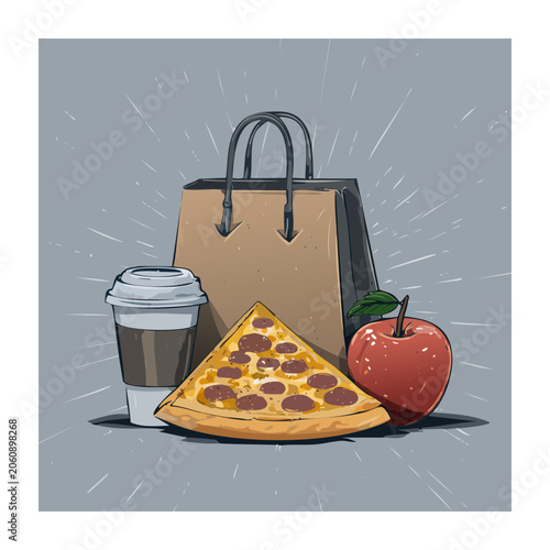 Hand drawn shopping bag with pizza slice coffee and apple