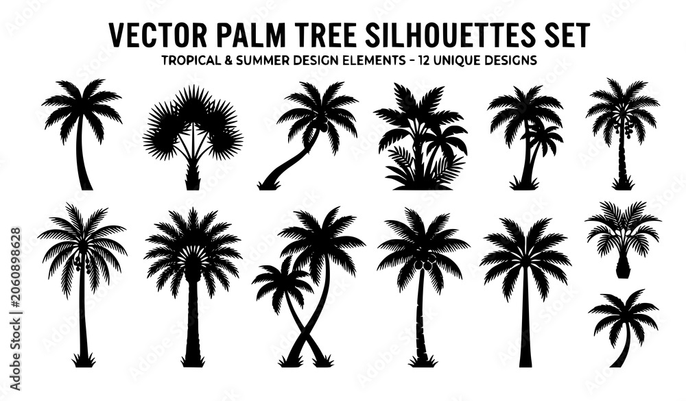 Obraz premium Vector palm tree silhouettes set isolated on white for tropical and summer design