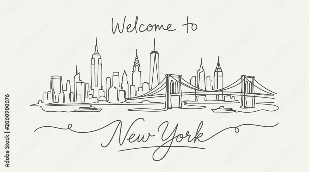 Fototapeta premium New York City Skyline Illustrated, Line Art, Welcome Greetings