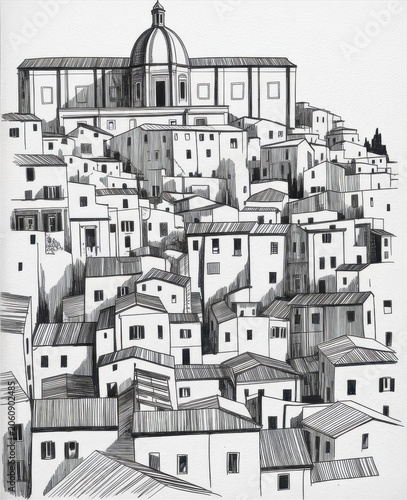 Ink of a hillside town with a large church dome and many houses village