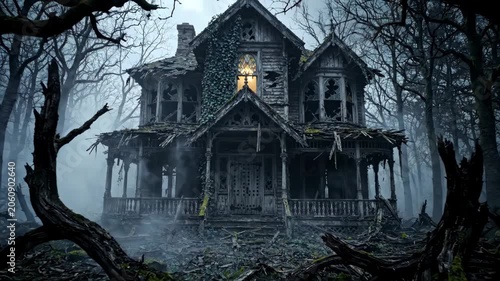 Creepy House in Dark Forest Twisted Trees and Fog Create Eerie Mystery That Haunts Night
