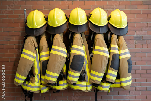 Firefighter Gear Hanging on Brick Wall in Fire Station