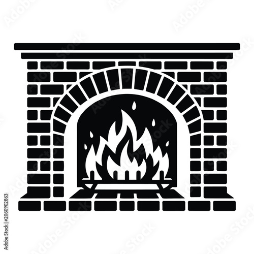 Fireplace with Crackling Flames Inside Vector, Silhouette, Illustration