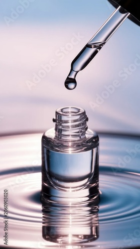 Cosmetic serum dropper above glass bottle with glowing skincare essence