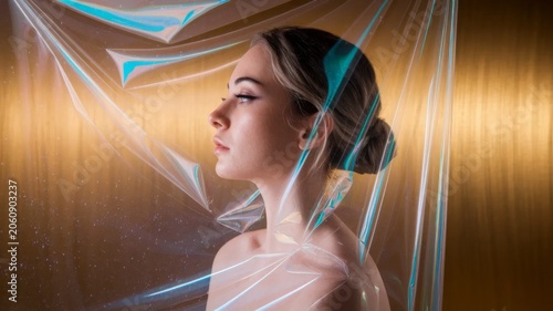 Futuristic beauty portrait with holographic reflections and iridescent transparent veil