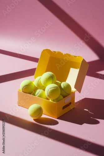 Yellow Tennis Balls in Open Storage Box on Pink Background