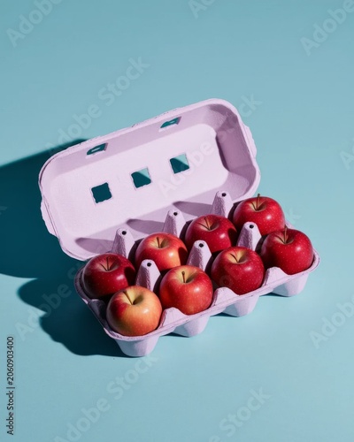 Fresh apple in pastel egg carton on colorful minimal background