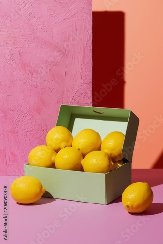 Fresh lemon in pastel carton box on colorful minimal background