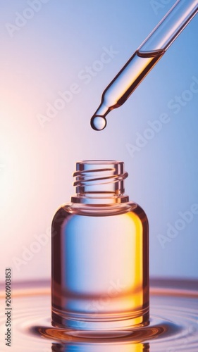 Cosmetic serum dropper above glass bottle with glowing skincare essence
