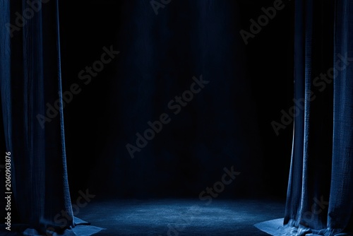 A dramatic stage with dark blue curtains open, revealing an empty, lit floor