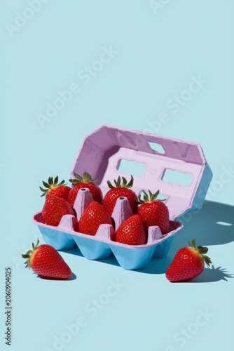 Fresh strawberries in pastel egg carton on colorful minimal background