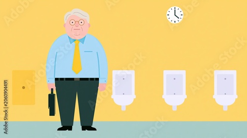 Elderly businessman stands in public restroom. Man holding briefcase, urinals line yellow wall with clock. It's time to visit toilet!
