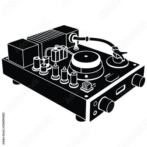 Valokuva Vintage record player with tone arm and lid open for vinyl music.