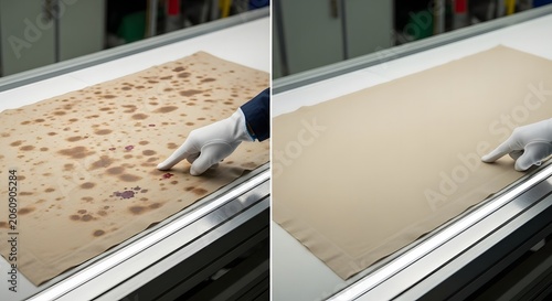 Before and after fabric stain removal on industrial worktable