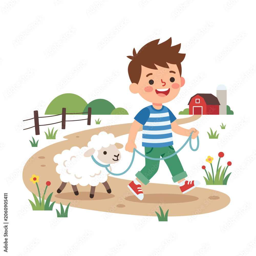 Fototapeta premium Boy walking with a cute sheep on a farm