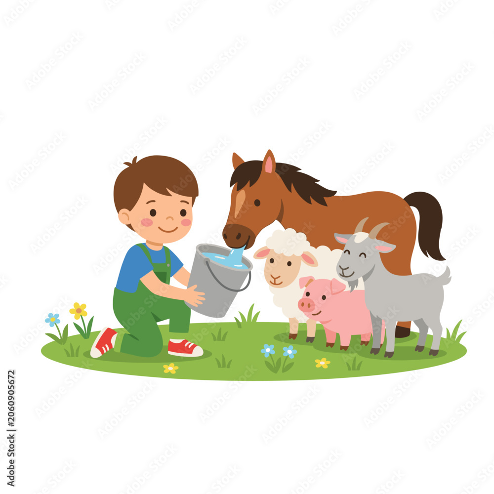 Fototapeta premium Boy feeding farm animals Cartoon Vector