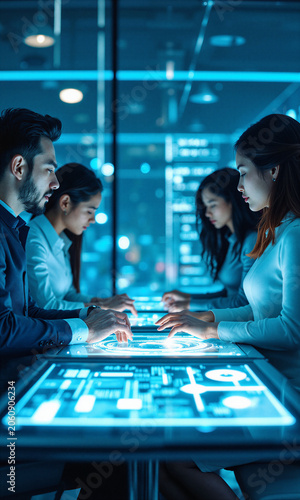 Technology Workspace Collaboration Team uses glowing transparent touchscreen tables in a futuristic office at night