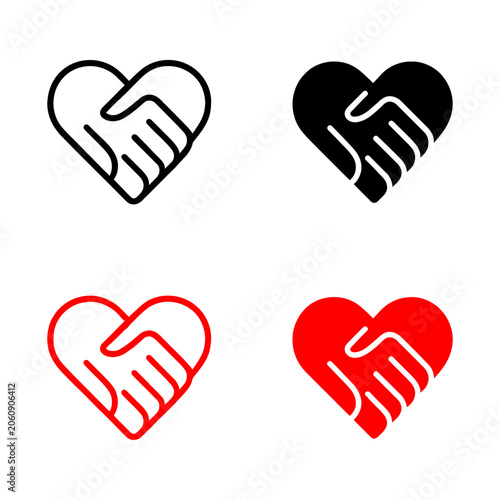Handshake heart vector icons variations. Red and black handshake sign set. Communication, partnership, friendship, and love symbols. Vector illustration