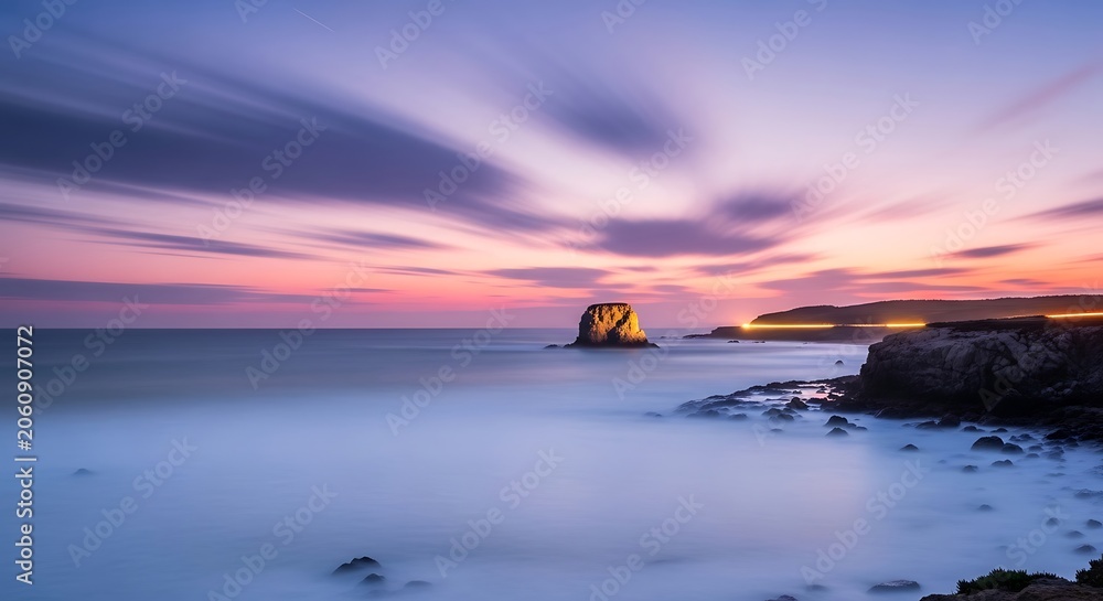 Obraz premium Stunning sunset over the ocean with a rocky island silhouette.