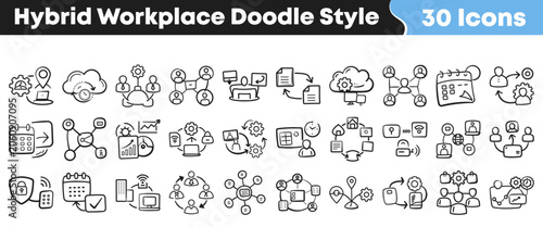 Collection of hand drawn hybrid workplace icons in doodle style