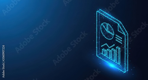Glowing Neon Data Analytics Chart and Graph Display Isolated on Dark Blue Background