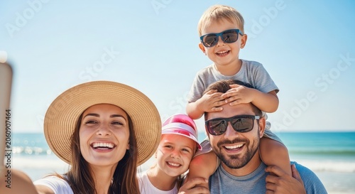 Joyful family holiday beach portrait parents with children enjoying summer vacation by the ocean