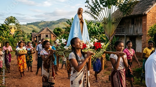 People carrying a religious statue through a rural village