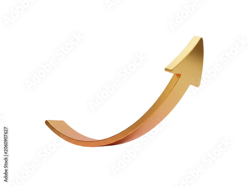 3d render of a golden arrow pointing upwards isolated on transparent background
