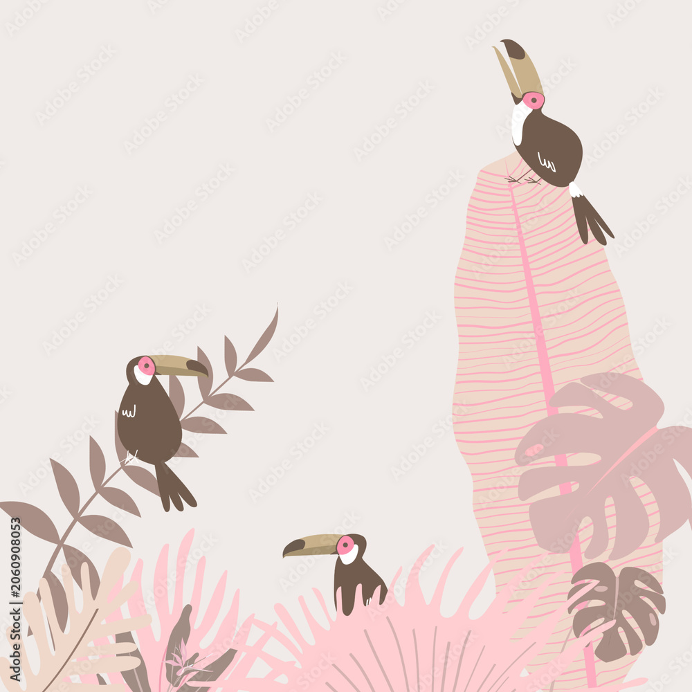Obraz premium Pastel pink tropical toucan border, beige design, beige design