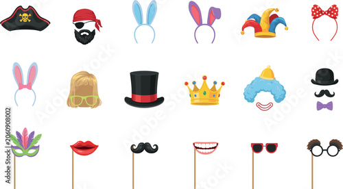 Carnival photo booth props set with pirate hats rabbit ears jester crown mask and funny mustache