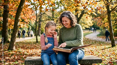 Happy grandmother and granddaughter looking at photo album in park
