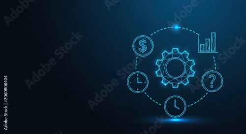 Digital Business Process Automation With Gear, Clock, and Dollar Icons on a Dark Blue Background