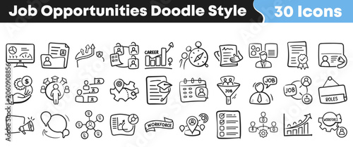 Collection of hand drawn job opportunities icons in doodle style