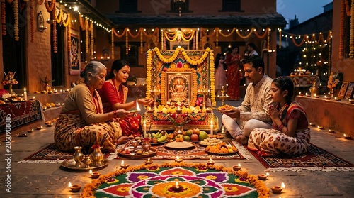 Indian family performing religious rituals during diwali festival