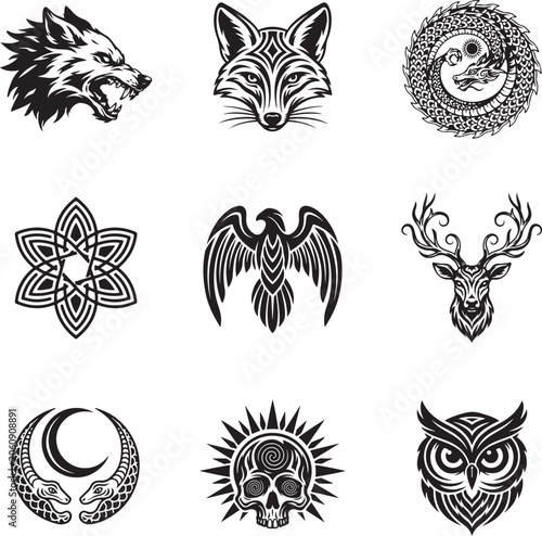 Φωτογραφία Mystical Animal Spirit Icons in Black Line Art Vector Illustration Set