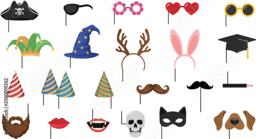 Photo Booth Props Collection With Party Hats Masks And Eyeglasses Vector Illustration Set