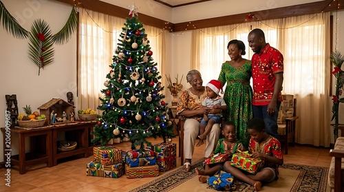 Joyful black family opening gifts by a christmas tree at home