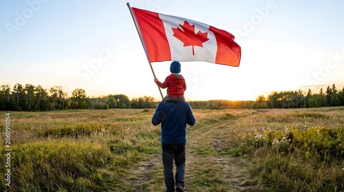 Attractive old senior man and grahdson holding Canadian Flag. National holiday. Grandpa retiree. Retirement parent
