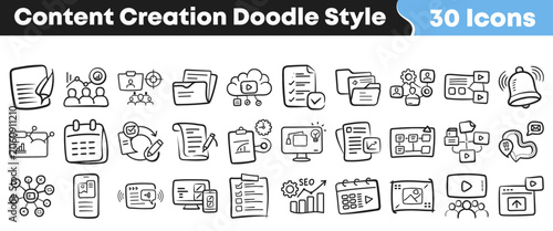 Set of thirty hand drawn doodle style content creation icons