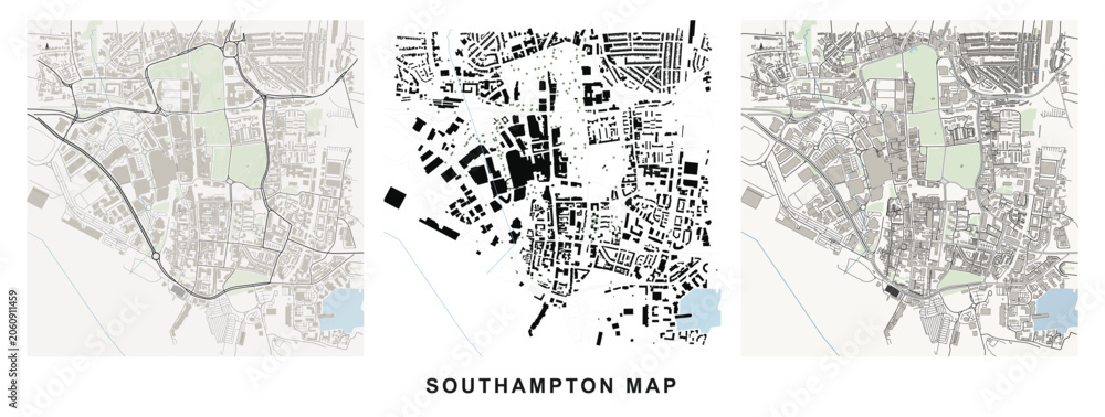 Naklejka premium Figureground diagram of southampton city center showing urban fabric, street networks, and green spaces