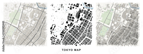 Tokyo city map with building footprints, urban layout, and architectural plan view