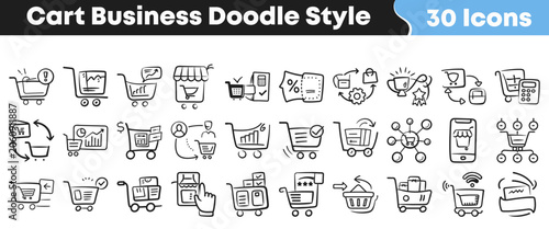 Hand drawn shopping cart icons set in a doodle style