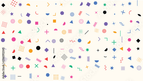 Abstract memphis style pattern with colorful geometric shapes and lines