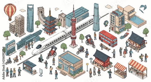 Canvastavla Isometric illustration of a bustling city scene with various modes of transport, buildings, and people