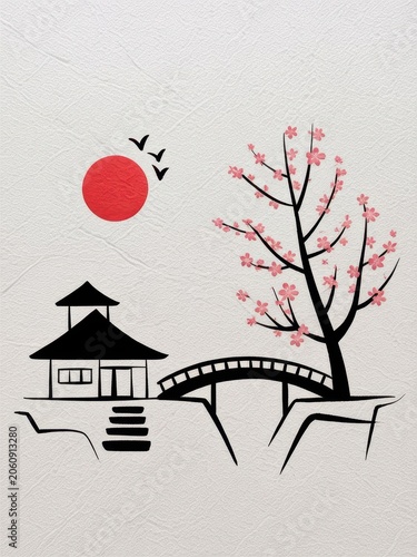 Minimalist japanese scene with house, bridge, cherry tree, and red sun
