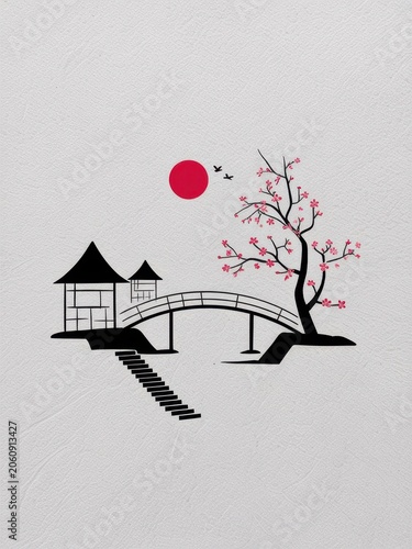 Minimalist japanese landscape with cherry blossom tree and bridge